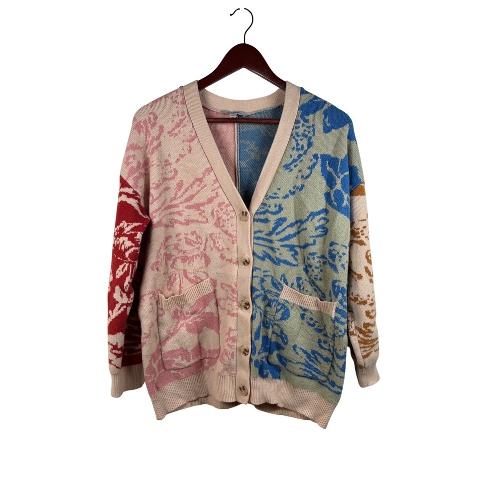 Pologram Cardigan Women Large Multicolor Floral Colorblock Jacquard Knit Sweater